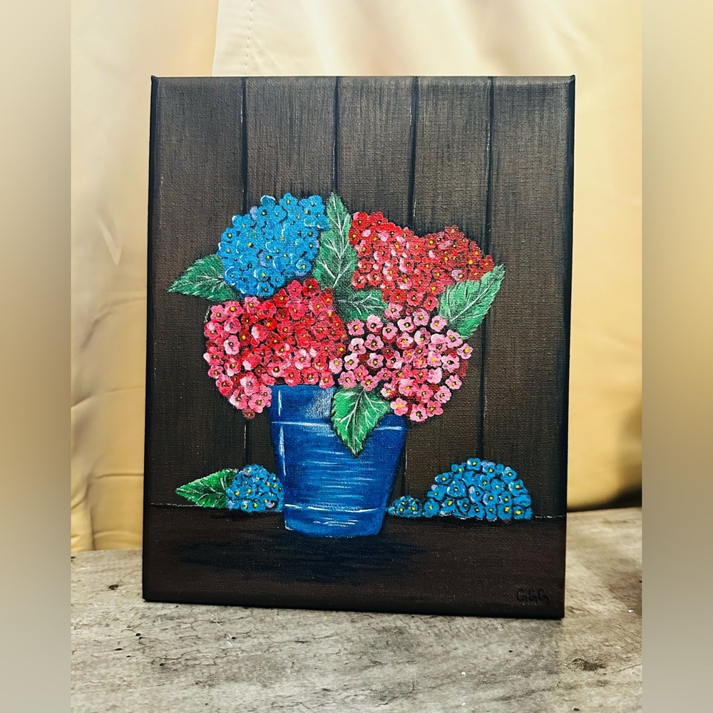 Floral Canvas Painting — Blue Pot with Pink, Red & Blue Hydrangeas Size 8 X 10